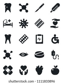 Set Of Vector Isolated Black Icon - Molecule Vector, Dropper, Thermometer, Pills, Blister, Scalpel, Patch, Hospital Bed, Disabled, Heart Hand, Real, Tooth, Caries, Eye, Pulse Clipboard, Virus