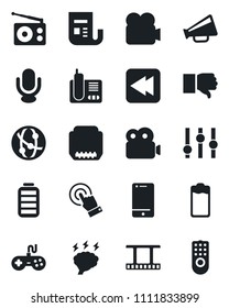 Set of vector isolated black icon - brainstorm vector, film frame, radio, news, loudspeaker, gamepad, settings, video camera, microphone, network, cell phone, touch screen, finger down, battery