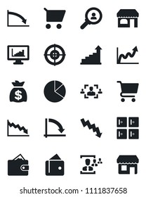 Set of vector isolated black icon - shop vector, checkroom, growth statistic, money bag, crisis graph, monitor statistics, pie, hr, target, consumer search, wallet, cart, storefront
