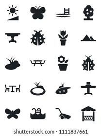 Set of vector isolated black icon - cafe vector, flower in pot, lawn mower, butterfly, lady bug, pond, picnic table, brightness, pool, fruit tree, mountains, restaurant, alcove