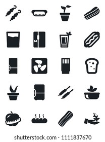 Set of vector isolated black icon - seedling vector, diet, fridge, drink, phyto bar, salad, bacon, bread, kebab, hot dog, fan, palm sproute