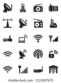 Set of vector isolated black icon - satellite antenna vector, wireless notebook, office phone, radio, cellular signal, lock, router, garage gate control