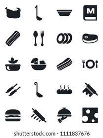 Set of vector isolated black icon - spoon and fork vector, cafe, menu, salad, plates, bacon, waiter, bread, chicken, steak, kebab, hamburger, ladle, bowl, rolling pin, cheese