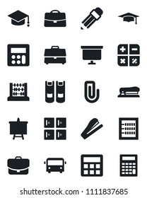 Set of vector isolated black icon - airport bus vector, checkroom, book, calculator, graduate, abacus, presentation board, case, paper clip, pencil, stapler