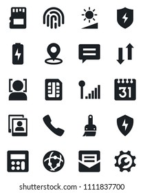 Set of vector isolated black icon - call vector, message, protect, themes, calculator, mail, sd, sim, network, calendar, data exchange, brightness, place tag, face id, fingerprint, photo gallery