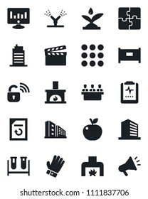 Set of vector isolated black icon - fence vector, office building, statistic monitor, document reload, glove, blood test vial, pulse clipboard, clapboard, menu, application, meeting, fireplace