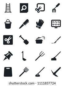 Set of vector isolated black icon - document search vector, pen, job, garden fork, farm, ladder, bucket, glove, hoe, monitor pulse, scalpel, cut, drawing pin, ladle, cutting board, steaming pan