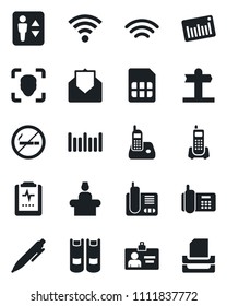 Set of vector isolated black icon - elevator vector, no smoking, reception, identity card, book, pen, pulse clipboard, signpost, office phone, barcode, radio, mail, sim, wireless, face id