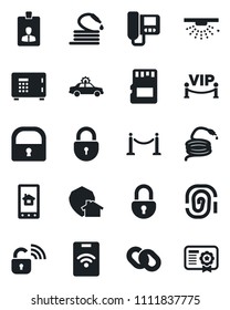 Set of vector isolated black icon - fence vector, alarm car, safe, lock, identity card, hose, chain, sd, vip zone, wireless, intercome, home control app, protect, pass, sprinkler, fingerprint