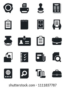 Set of vector isolated black icon - passport vector, identity, stamp, contract, document search, notepad, printer, news, clipboard, checklist, archive box, estate, case