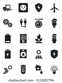 Set of vector isolated black icon - fork loader vector, fire, speaker, low battery, rca, protect, home control, socket, remote, energy saving bulb, sun panel, windmill, alarm led, gear, idea