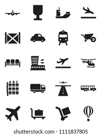 Set of vector isolated black icon - plane vector, runway, departure, arrival, baggage trolley, airport bus, train, waiting area, helicopter, seat map, building, wheelbarrow, sea shipping, container