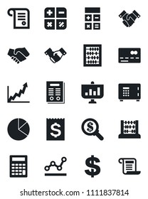 Set of vector isolated black icon - credit card vector, safe, handshake, dollar sign, calculator, abacus, receipt, pie graph, point, contract, growth, money search, presentation