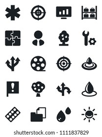 Set of vector isolated black icon - luggage storage vector, statistic monitor, water drop, pills blister, ambulance star, route, important flag, folder document, reel, application, root setup
