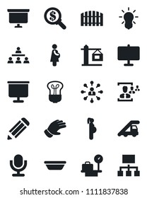Set of vector isolated black icon - ladder car vector, luggage scales, hierarchy, presentation board, pencil, glove, pregnancy, microphone, hr, fence, crane, bowl, bulb, money search