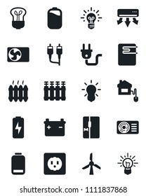 Set of vector isolated black icon - low battery vector, rca, charge, heater, air conditioner, fridge, home control, socket, power plug, water, radiator, bulb, windmill, idea