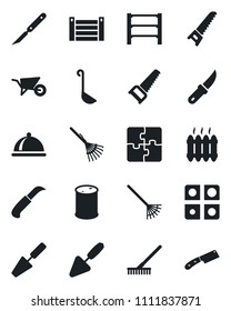 Set of vector isolated black icon - trowel vector, rake, wheelbarrow, saw, garden knife, scalpel, container, oil barrel, rack, application, heater, dish, ladle