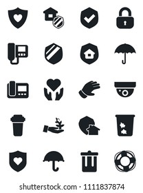 Set of vector isolated black icon - trash bin vector, glove, heart shield, hand, umbrella, lock, estate insurance, intercome, water filter, home protect, surveillance, palm sproute