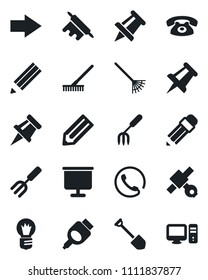 Set of vector isolated black icon - right arrow vector, drawing pin, bulb, job, pencil, garden fork, rake, satellite, hdmi, presentation board, phone, rolling, pc