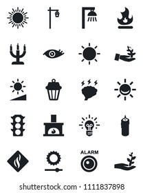 Set of vector isolated black icon - sun vector, brainstorm, fire, garden light, eye, traffic, brightness, fireplace, candle, smoke detector, outdoor lamp, alarm led, palm sproute, idea