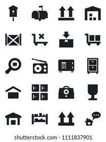 Set of vector isolated black icon - safe vector, checkroom, bird house, doctor case, container, fragile, cargo, warehouse storage, up side sign, no trolley, package, search, rack, radio, archive box