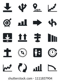Set of vector isolated black icon - elevator vector, right arrow, route, signpost, navigation, up side sign, sorting, update, download, compass, bar graph, target, clock, growth, crisis