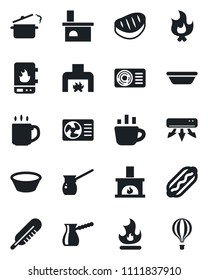 Set of vector isolated black icon - coffee vector, fire, fireplace, thermometer, air conditioner, steak, hot dog, bowl, steaming pan, turkish, water heater, balloon