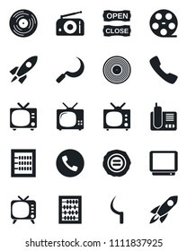 Set of vector isolated black icon - phone vector, tv, abacus, stamp, sickle, reel, vinyl, radio, call, open close, rocket