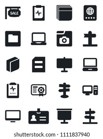 Set of vector isolated black icon - passport vector, identity, document, pulse clipboard, signpost, monitor, laptop pc, folder, photo gallery, presentation board, blank box, sale, certificate