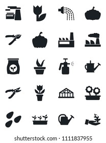 Set of vector isolated black icon - factory vector, flower in pot, seedling, watering can, pruner, pumpkin, greenhouse, seeds, garden sprayer, fertilizer, tulip, palm sproute