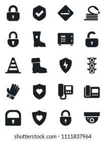 Set of vector isolated black icon - smoking place vector, border cone, safe, lock, glove, boot, hose, heart shield, traffic light, protect, intercome, surveillance