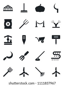 Set of vector isolated black icon - fence vector, garden fork, farm, rake, wheelbarrow, well, hoe, sickle, plant label, pumpkin, greenhouse, fertilizer, drip irrigation, windmill