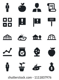 Set of vector isolated black icon - manager vector, contract, seedling, plant label, greenhouse, fertilizer, important flag, application, point graph, house with tree, pond, fruit, estate agent