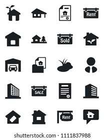 Set of vector isolated black icon - office building vector, house, pond, contract, with garage, tree, estate document, sale, rent, sold signboard, agent, smart home, eco, message