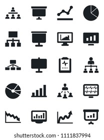 Set of vector isolated black icon - hierarchy vector, presentation board, statistic monitor, pulse, clipboard, statistics, bar graph, pie, point, growth, crisis