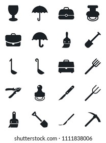 Set of vector isolated black icon - job vector, shovel, farm fork, pruner, scalpel, fragile, umbrella, themes, case, stamp, ladle, hard work