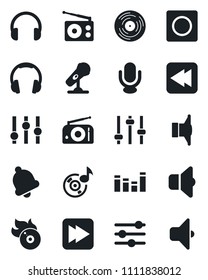 Set of vector isolated black icon - vinyl vector, flame disk, microphone, radio, speaker, settings, equalizer, headphones, fast forward, rewind, tuning, bell, record, music, sound