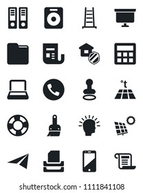 Set of vector isolated black icon - phone vector, stamp, office binder, presentation board, ladder, news, cell, speaker, themes, calculator, folder, paper tray, notebook pc, sun panel, warm floor