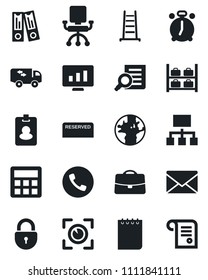 Set of vector isolated black icon - alarm clock vector, phone, luggage storage, lock, mail, office binder, document search, notepad, statistic monitor, ladder, earth, calculator, case, moving, chair