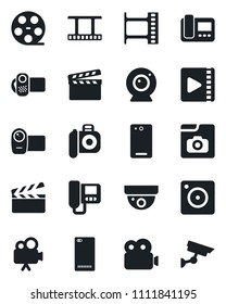 Set of vector isolated black icon - clapboard vector, film frame, reel, camera, video, phone back, mobile, photo gallery, web, intercome, surveillance