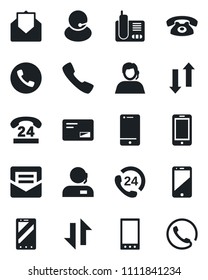 Set of vector isolated black icon - phone vector, mobile, 24 hours, support, cell, radio, mail, call, data exchange