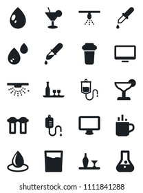 Set of vector isolated black icon - hot cup vector, water drop, dropper, monitor, alcohol, drink, cocktail, filter, sprinkler, flask