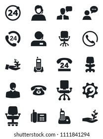 Set of vector isolated black icon - 24 around vector, office chair, phone, hours, support, speaker, radio, root setup, palm sproute
