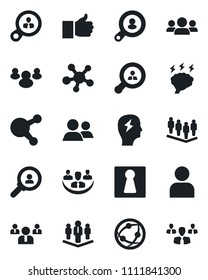 Set of vector isolated black icon - female vector, team, brainstorm, network, share, group, finger up, user, company, client search, consumer