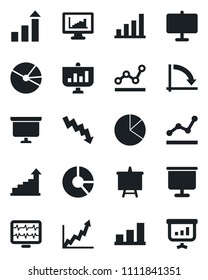 Set of vector isolated black icon - growth statistic vector, presentation board, crisis graph, circle chart, monitor pulse, statistics, bar, pie, point