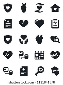 Set of vector isolated black icon - heart vector, pulse, diagnosis, blood pressure, diagnostic, shield, hand, real, medical calendar, clipboard, sweet home