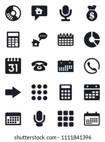 Set of vector isolated black icon - right arrow vector, calendar, circle chart, microphone, menu, calculator, phone, home message, money bag