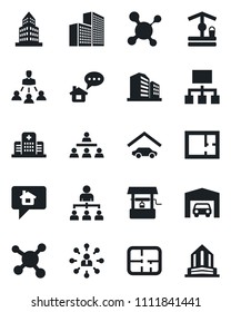 Set of vector isolated black icon - hierarchy vector, well, molecule, hospital, office building, garage, plan, home message