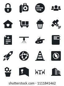 Set of vector isolated black icon - cafe vector, border cone, flower in pot, diagnosis, cargo, camera, satellite, network, compass, lock, pond, sweet home, wine card, water heater, outdoor lamp