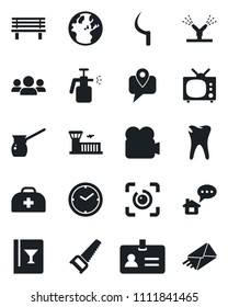 Set Of Vector Isolated Black Icon - Identity Vector, Airport Building, Saw, Sickle, Bench, Garden Sprayer, Doctor Case, Caries, Mobile Tracking, Video Camera, Eye Id, Clock, Tv, Wine Card, Group